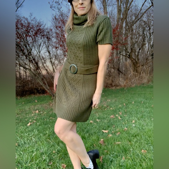 Cotton Candy Cable Knit Belted Green Turtleneck Sweater Dress size XL - Picture 3 of 8